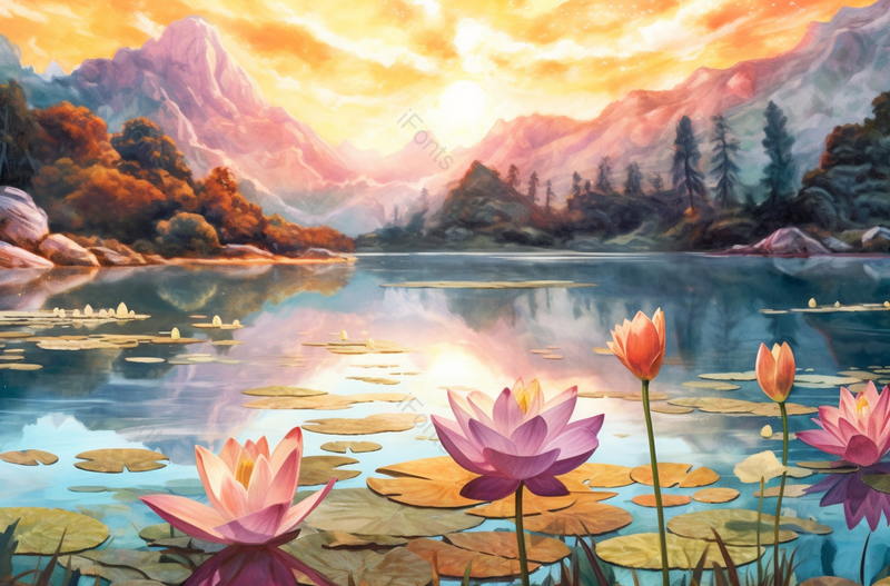 中国复古彩色水上莲花,插画/手绘图,插画/手绘图库,插画/手绘图下载,插画/手绘